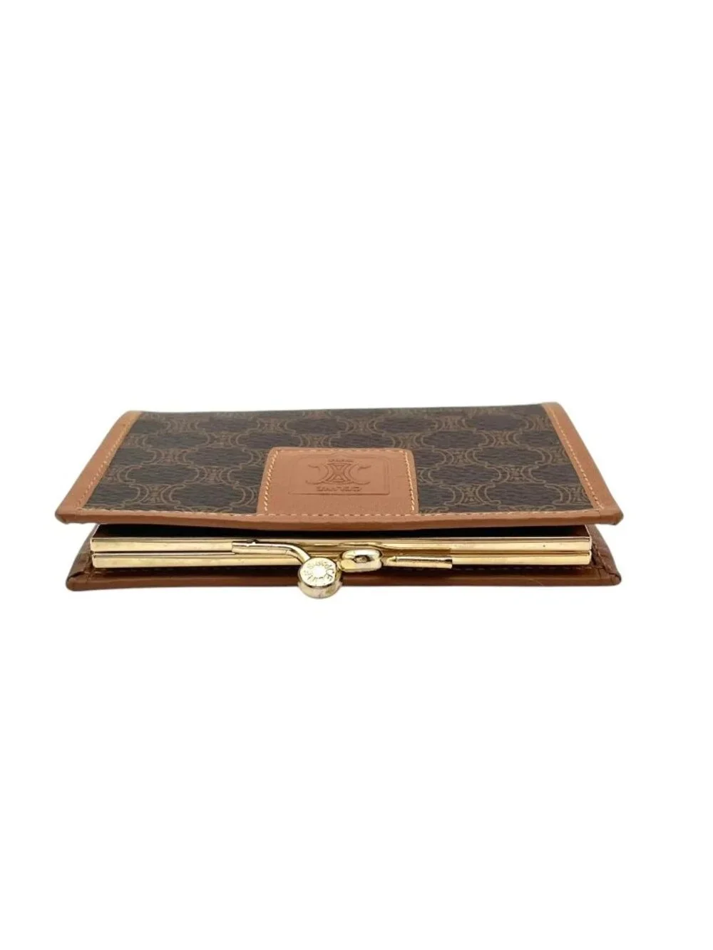Celine Macadam Pattern Kiss Lock Bifold Wallet Vintage Mini Leather Brown Gold